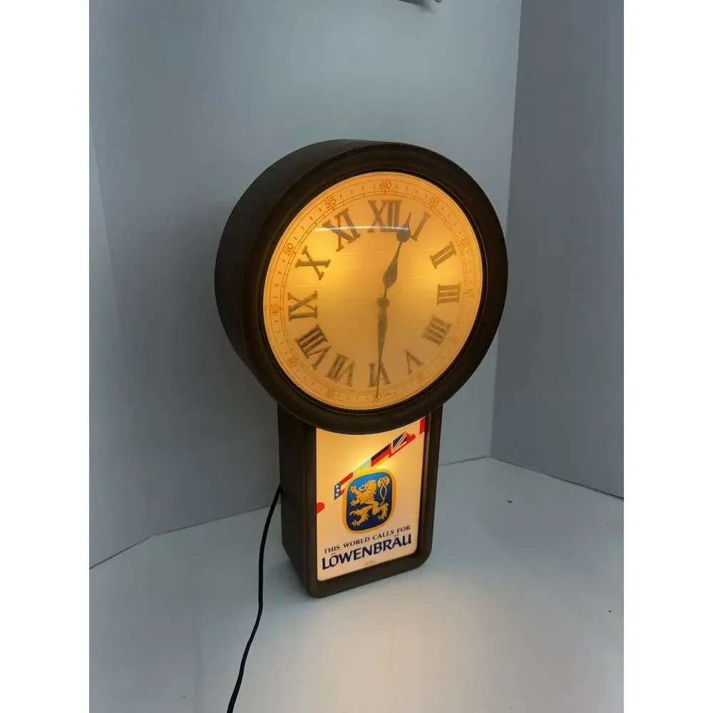 Lowenbrau Vintage Beer Sign Advertising Bar Clock 1987 LIGHTED WORKS liquor